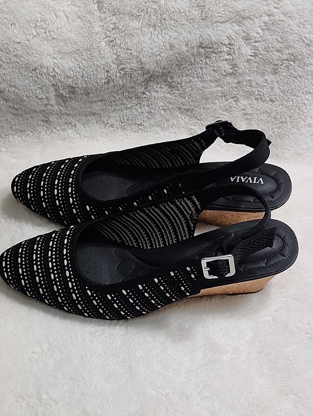 Vivaia Tamia slingback wedge sandals  black and cream knit cork wedge heel 39/8 - Picture 15 of 16